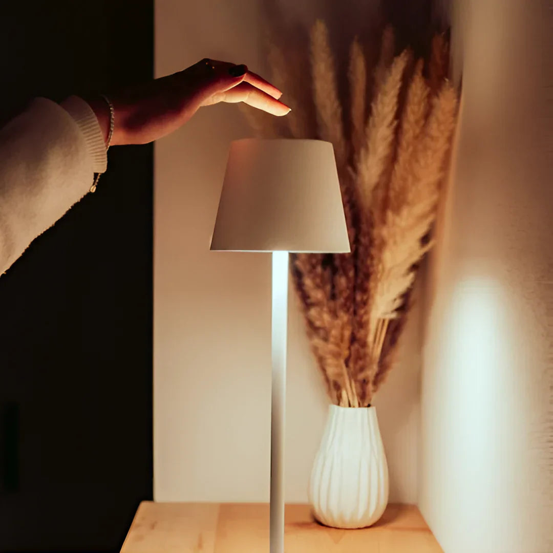 A hand reaches toward a modern lamp with a white shade, illuminating a cozy space with a decorative vase of dried plants in the background.