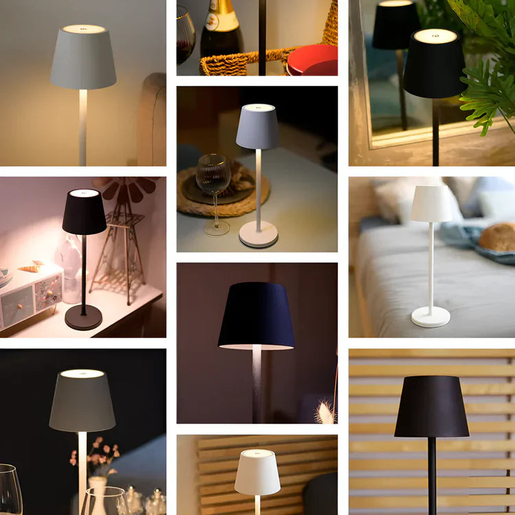 Collage of modern table lamps in various settings, featuring both black and white designs, some illuminated and others unlit, placed on different surfaces in home environments.