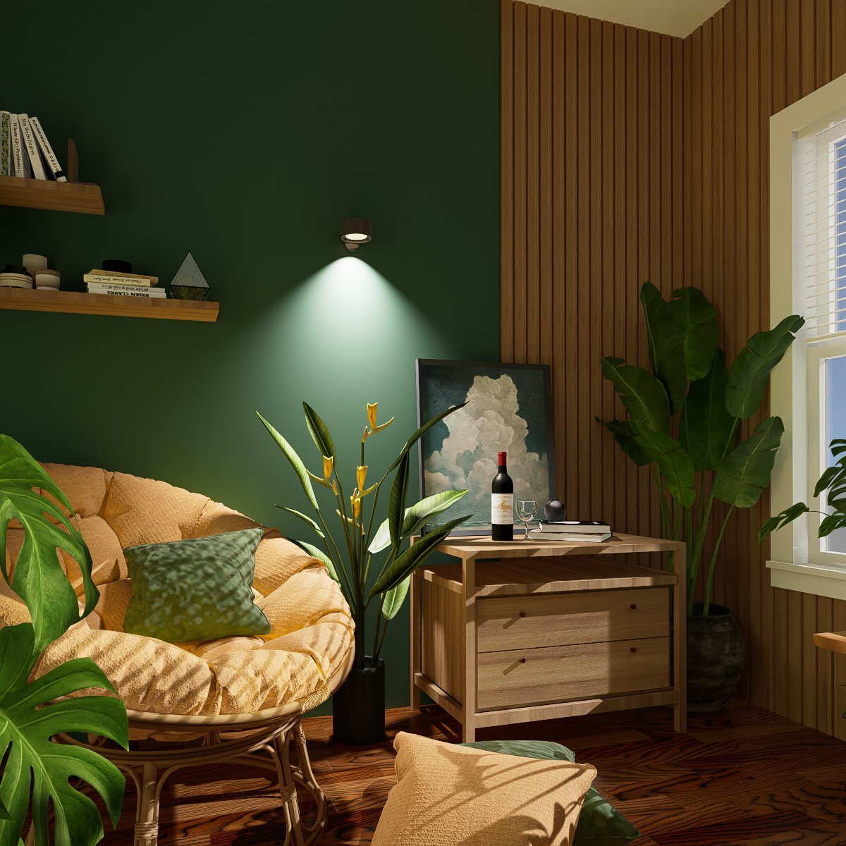 A cozy reading nook illuminated by a wall lamp with a yellow armchair, green walls, wooden accents, plants, a wine bottle, and soft light coming form window.