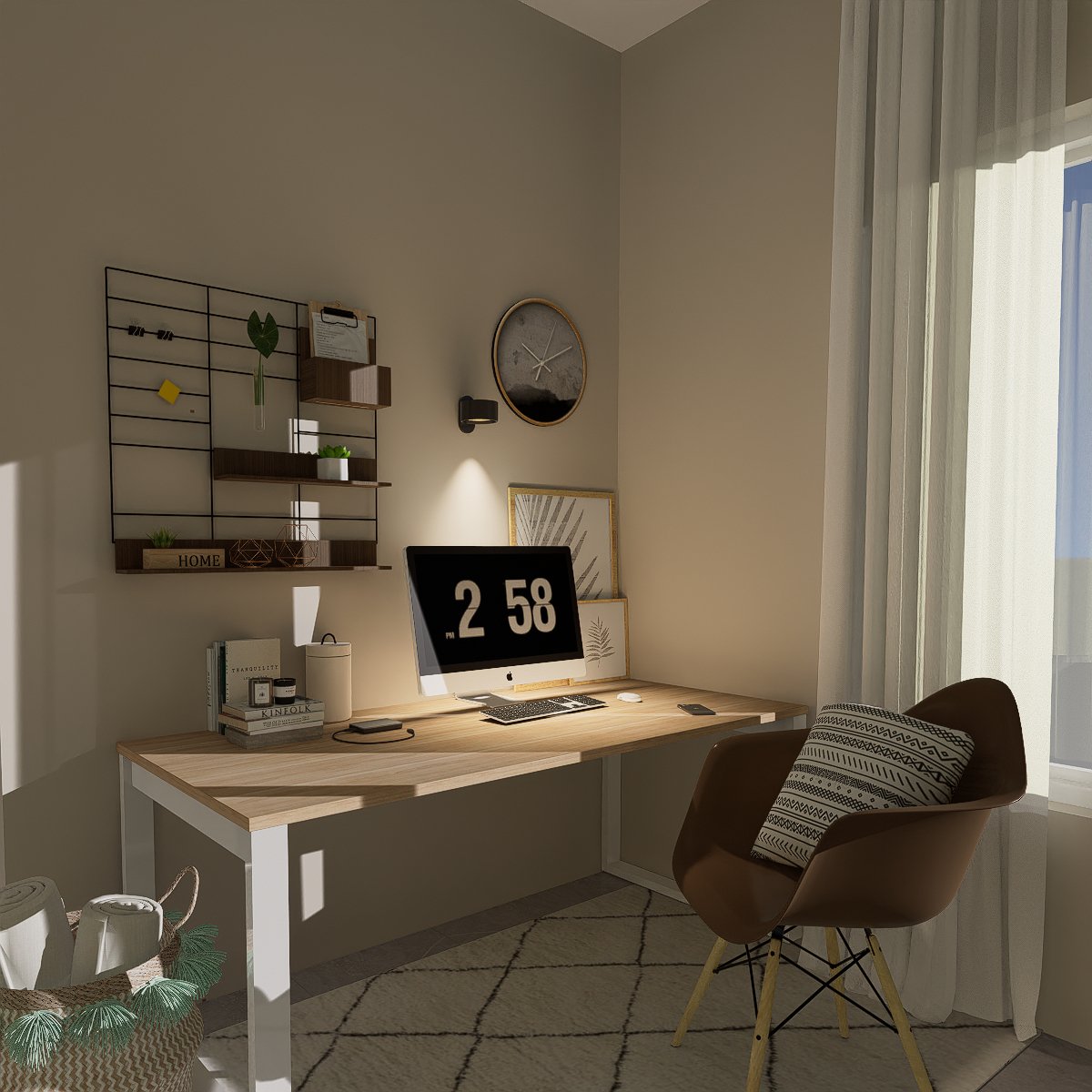 Cozy home office with a wooden desk, computer, wall clock, and decorative shelving, illuminated by a wireless wall light.