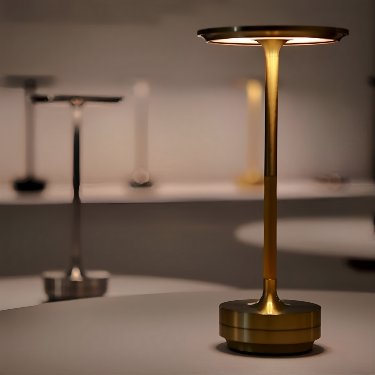 A sleek, modern brass lamp stands on a minimalist table, with softly glowing light, framed by other stylish lamps in the background.