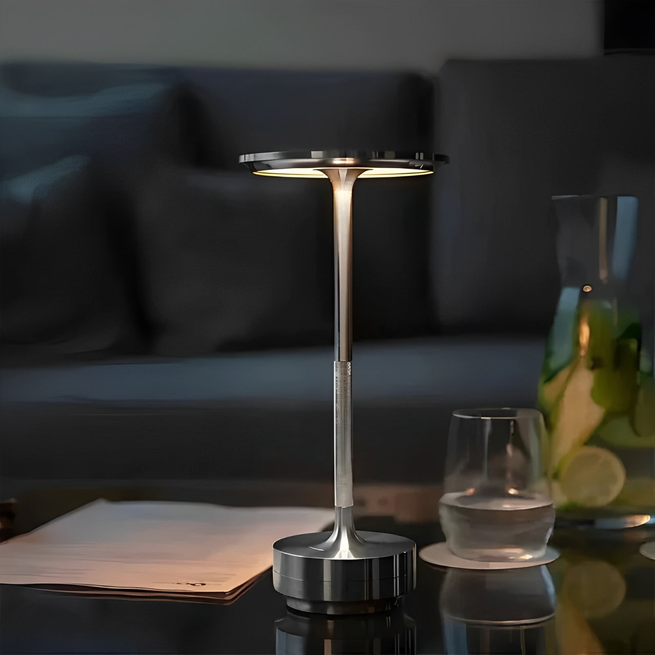 A sleek, modern table lamp with a circular shade illuminates a dark living room, accompanied by a glass of water and a stack of papers.
